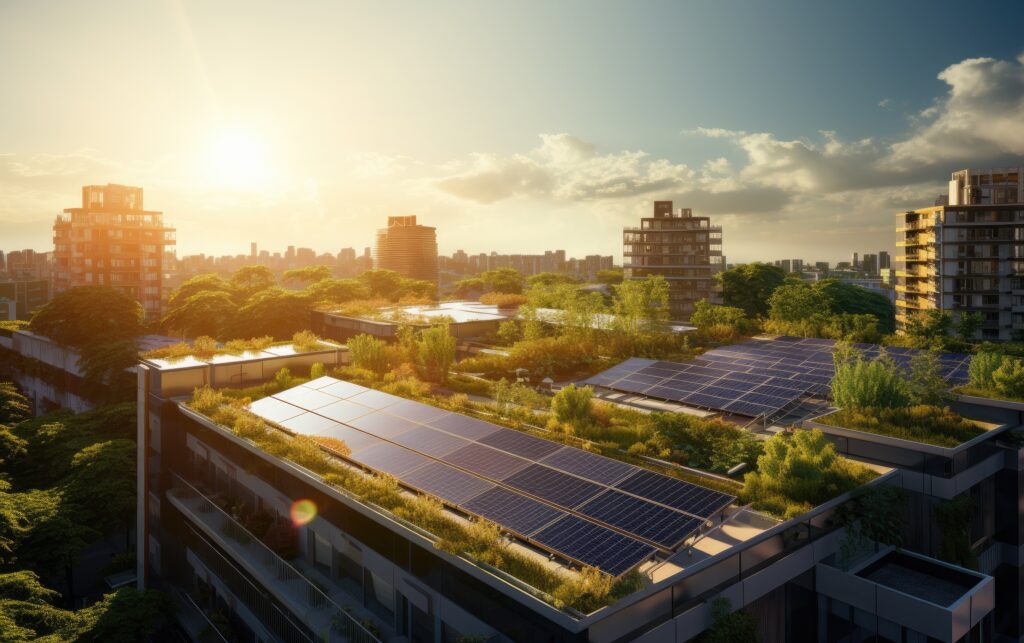 Urban rooftop with solar panels