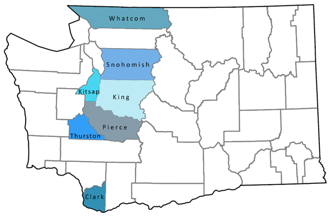 Map of WA highlighting seven counties subject to the program