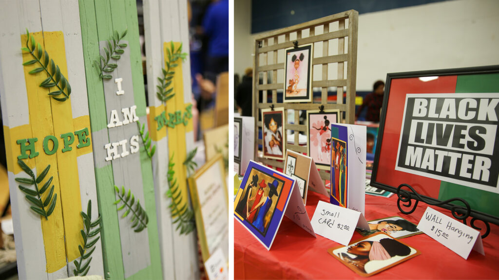 Religious crafts in white, green and yellow are visible with greenery attached to them. A "Black Lives Matter" wall hanging sits on a stand behind handmade cards featuring Black women and children.