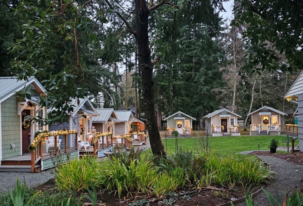 A cluster of small homes is seen on a grassy, wooded property