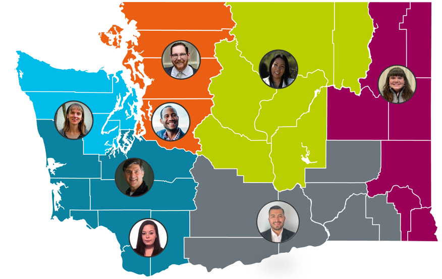 Map of Washing showing regions serviced by Community Engagement team